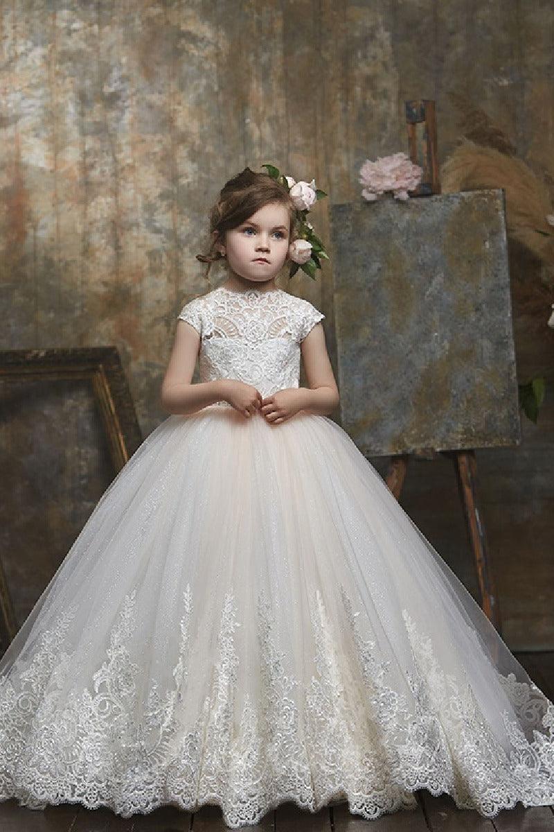 High Neck Cap Sleeve All Lace Bodice Tulle Flower Girl Dresses 654963002609 - 7 Days / As Picture / 2 - COCOMELODY